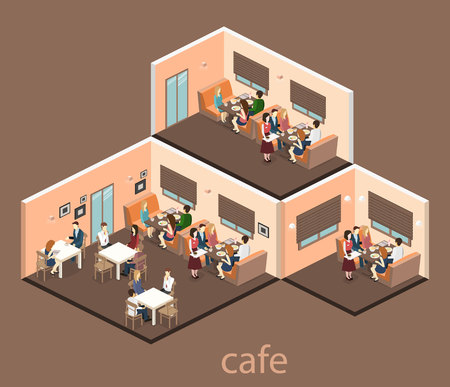 Isometric interior of coffee shop. flat 3D isometric design interior cafe or restaurant. People sit at tables and eat. Concept illustration of the room.のイラスト素材