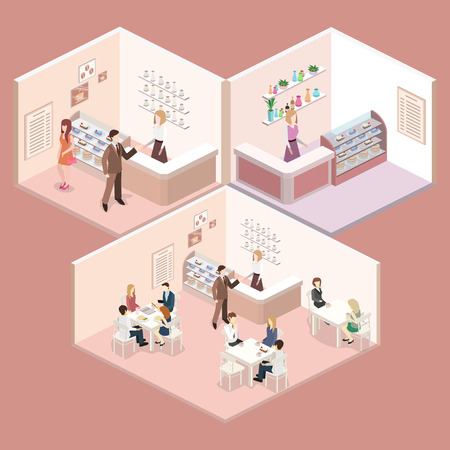 Isometric interior of sweet-shop. People sit at the table and eating. Flat 3D illustrationのイラスト素材