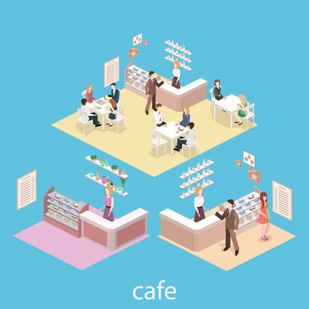 Isometric interior of sweet-shop. People sit at the table and eating. Flat 3D illustrationのイラスト素材