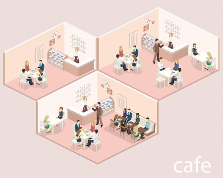 Isometric interior of sweet-shop. People sit at the table and eating. Flat 3D illustrationのイラスト素材
