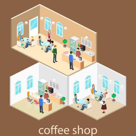 Isometric interior of coffee shop. flat 3D isometric design interior cafe or restaurant. People sit at tables and eat. Concept illustration of the room.のイラスト素材