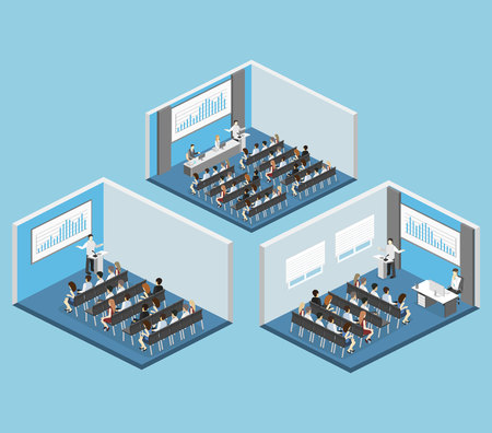 Business meeting in an office Business presentation meeting in conference hall. People listen to speakers. Flat 3D illustration.のイラスト素材