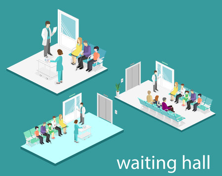 waiting room in hospital. Visitors sit on the chairs in the corridor. patient waits to receive a doctor. Flat 3D vector illustration.のイラスト素材