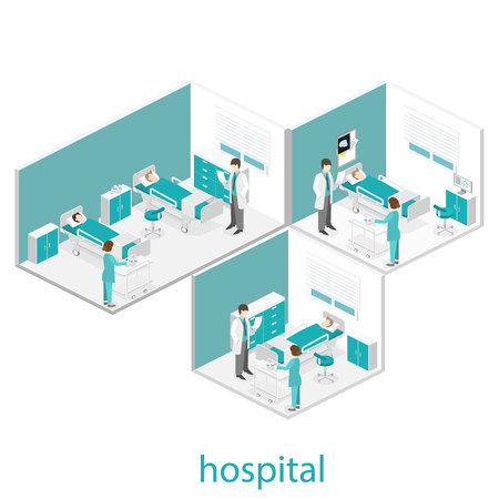 Isometric flat interior of hospital room. Doctors treating the patient. Flat 3D illustrationのイラスト素材