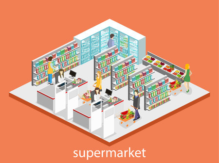 Isometric interior of grocery store. Shopping mall flat 3d isometric concept web illustration.のイラスト素材