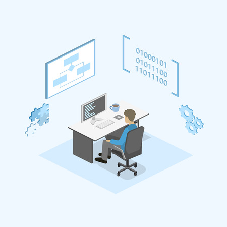 Flat 3D isometric concept illustration of office software developer and teamwork. development of mobile applications.のイラスト素材