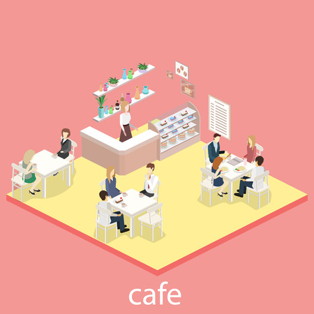 Isometric interior of sweet-shop. People sit at the table and eating.のイラスト素材