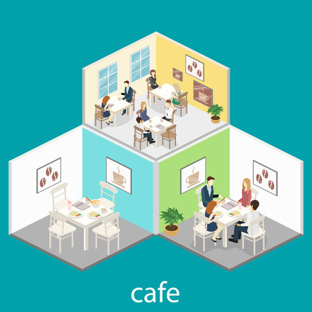 Isometric interior of coffee shop. flat 3D isometric design interior cafe or restaurant. People sit at tables and eat. Concept illustration of the room.のイラスト素材