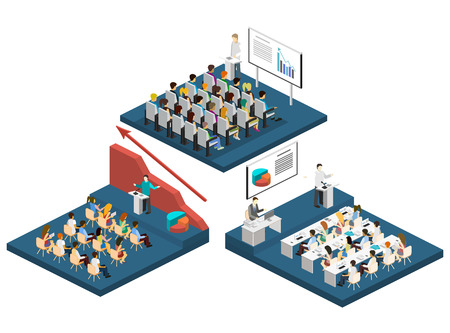 Business meeting in an office Business presentation meeting in conference hall. People listen to speakers. Flat 3D illustration.のイラスト素材