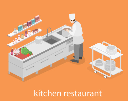 Isometric flat 3D concept vector interior of professional restaurant kitchenのイラスト素材