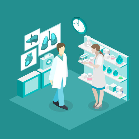 Isometric flat 3D concept interior of science laboratory. medical research pharmaceutical illustrationのイラスト素材