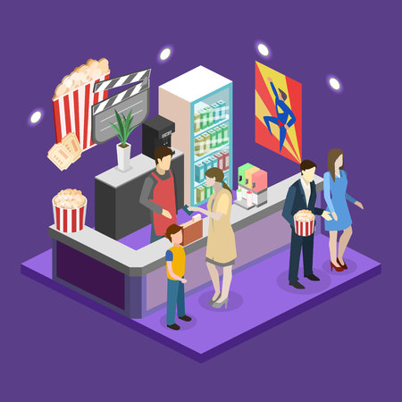 Isometric flat 3D concept interior of cinema waiting hall. cinema cafeのイラスト素材