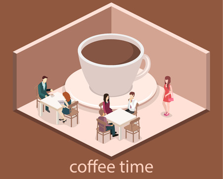 Isometric interior of coffee shop. flat 3D isometric design interior cafe or restaurant. People sit at tables and eat. Concept illustration of the room.のイラスト素材