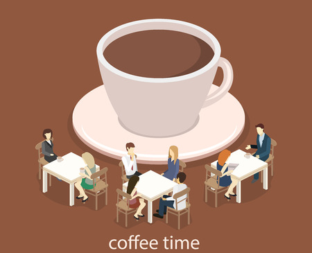 Isometric interior of coffee shop. flat 3D isometric design interior cafe or restaurant. People sit at tables and eat. Concept illustration of the room.のイラスト素材