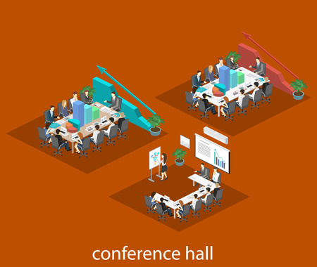 Business meeting in an office Business presentation meeting in an office around a table. Isometric flat 3D interiorのイラスト素材