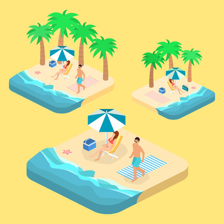 Isometric infographic landscape with sea and people on the beach. Isometric flat 3D landscape. Set of objectのイラスト素材