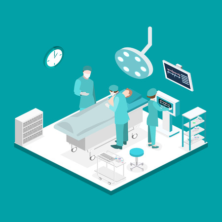 Isometric flat 3D concept vector interior of Surgery Department. Hospital Plastic Surgery Operating Theater Medical Doctor Surgeon and Patient Surgery Infographic.のイラスト素材