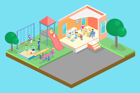 Isometric flat 3D concept web vector kids playground set. children swings, slide, sandbox and other objectsのイラスト素材