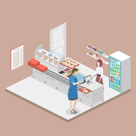 Isometric flat 3D concept vector interior of a coffee shop or canteen.のイラスト素材