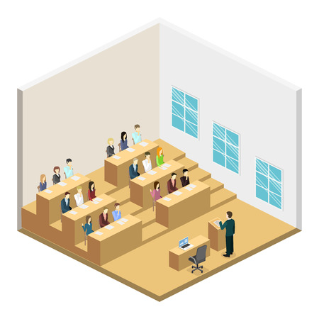 Isometric flat 3D concept vector interior university auditorium. Students sitting at desks and listening to the teacher. education trainingのイラスト素材