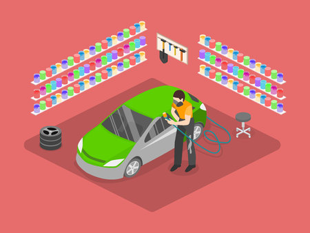 Isometric flat 3D isolated concept vector cutaway professional car painting process by auto service garage with paint spraying gunのイラスト素材