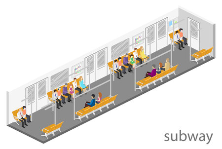 Isometric flat 3D concept vector interior of metro subway train carriage. underground stationのイラスト素材