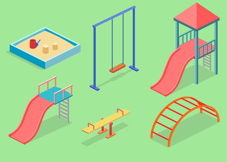 Isometric flat 3D concept web vector kids playground set. children swings, slide, sandbox and other objectsのイラスト素材