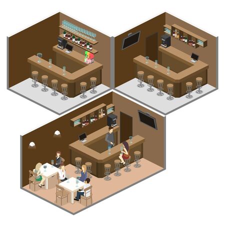 Isometric 3D flat interior of bar or pub. The chairs stand around the bar. alcoholic drinks on the shelvesのイラスト素材