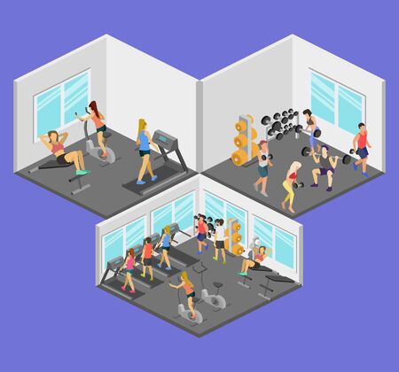 Isometric interior of gym. People involved in sports. Flat 3D vector illustration.のイラスト素材