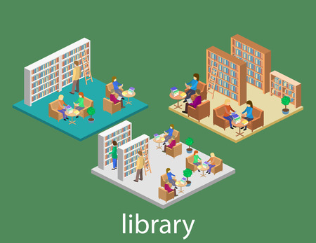 isometric interior of library. Flat 3D vector illustration.のイラスト素材