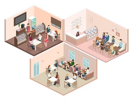 Isometric interior of sweet-shop. People sit at the table and eating. Flat 3D illustrationのイラスト素材