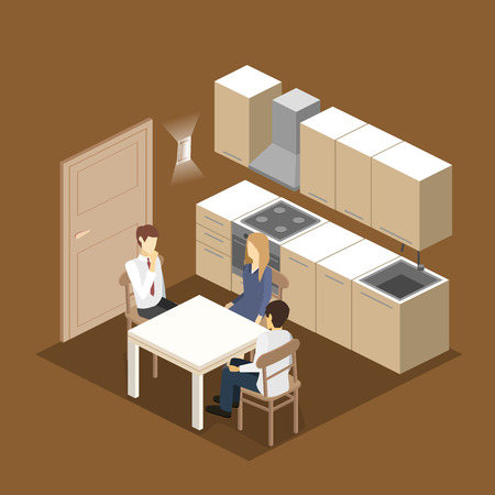 Isometric flat 3D interior of modern kitchen. full set of kitchen furniture vector illustration. family dines at the tableのイラスト素材