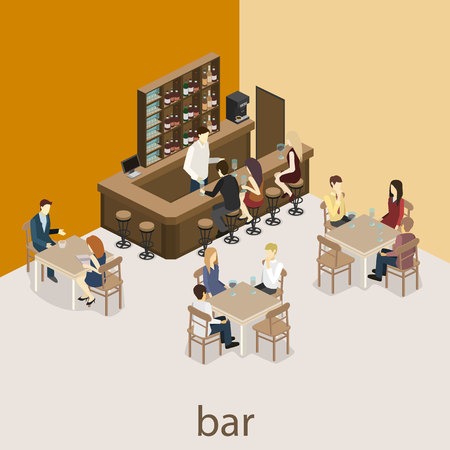 Isometric 3D flat interior of bar or pub. The chairs stand around the bar. alcoholic drinks on the shelvesのイラスト素材