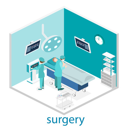 Isometric flat 3D concept vector interior of Surgery Department. Hospital Plastic Surgery Operating Theater Medical Doctor Surgeon and Patient Surgery Infographic.のイラスト素材