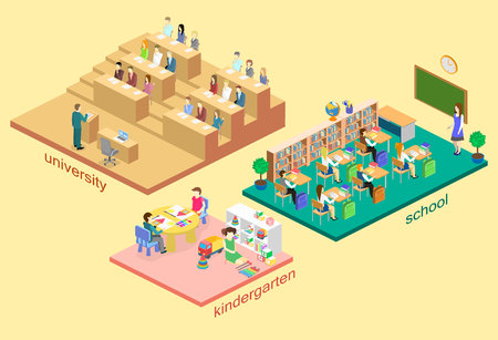 Isometric flat 3D isolated concept vector interior kindergarten, school, university auditorium. education system. children growing upのイラスト素材