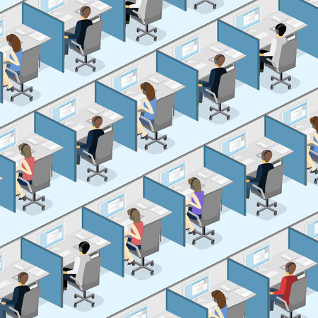 Isometric flat 3D isolated concept vector cutaway interior men and women working with headset in a call center. Customer support. People working in the office.のイラスト素材