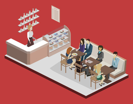 Isometric interior of sweet-shop. People sit at table and eating.のイラスト素材
