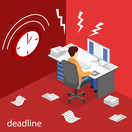 Isometric flat 3D vector Deadline Concept of overworked man.のイラスト素材