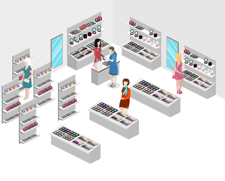 Isometric flat 3D isolated vector interior cosmetics shopのイラスト素材