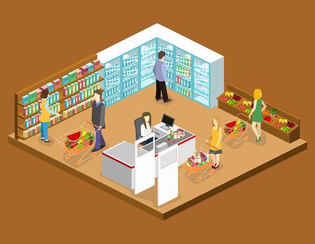 Isometric interior of grocery store shopping mall flat 3d concept web.のイラスト素材