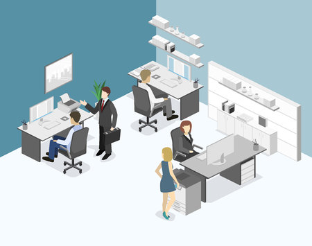Flat 3d isometric abstract office floor interior departments concept.のイラスト素材
