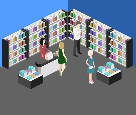 Isometric flat 3D interior of book shop. Vector illustration ibook store. People choose and buy booksのイラスト素材