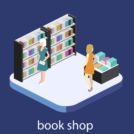 Isometric flat 3D interior of book shop. Vector illustration ibook store. People choose and buy booksのイラスト素材