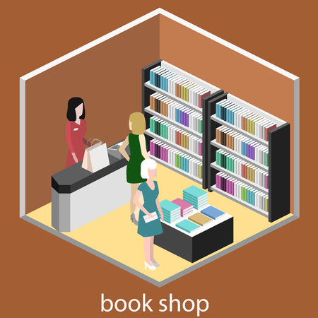 Isometric flat 3D interior of book shop. Vector illustration ibook store. People choose and buy booksのイラスト素材