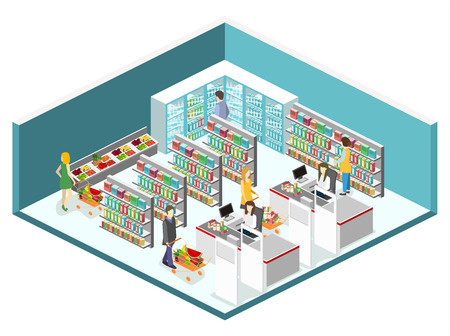 Isometric interior of grocery store. Shopping mall flat 3d isometric concept web vector illustration.のイラスト素材