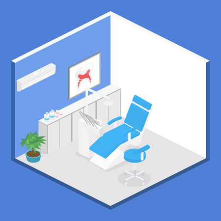 Isometric dentist office during reception patient. Dentistry and doctors office, dentist chair, dental and medical, health oral, mouth healthcare illustrationのイラスト素材