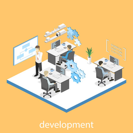 Flat 3D vector isometric concept illustration of office software developer and teamwork. development of mobile applications.のイラスト素材