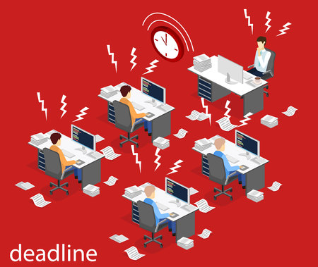 Isometric flat 3D isolated concept Deadline Concept of overworked man. Time to work.のイラスト素材