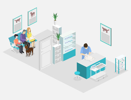 Flat 3D illustration Isometric interior of veterinary clinic. The veterinarian treats the petのイラスト素材