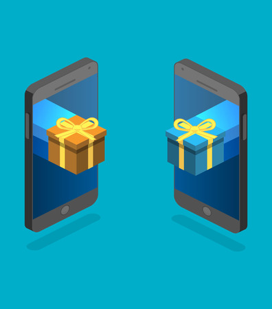 Isometric flat 3D isolated concept vector online order conceptual composition with c gift box on top of phone touch screenのイラスト素材